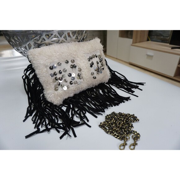 Moroccan Fringe Bag Handira Kilim Suede Leather Clutch with Chain Strap - Picture 7 of 10